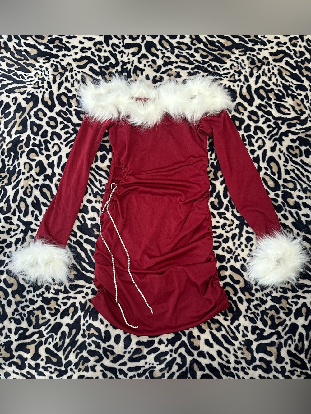 SHEIN Red Off-Shoulder Faux Fur Trim Holiday Dress